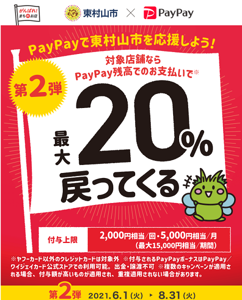 第2弾 がんばろう東村山！ 最大20%戻ってくるキャンペーン｜PayPay