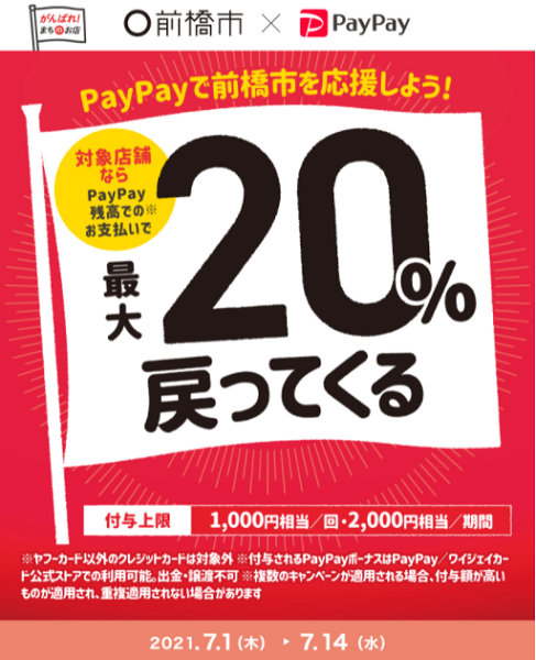 PayPayで前橋市のお店を応援しよう！最大20％戻ってくるキャンペーン！｜PayPay