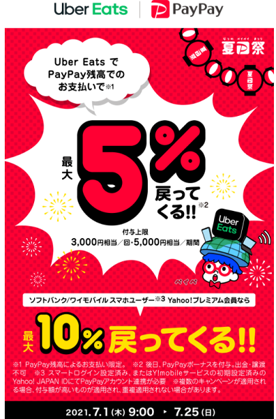 夏のPayPay祭 Uber Eatsでおトクキャンペーン｜PayPay