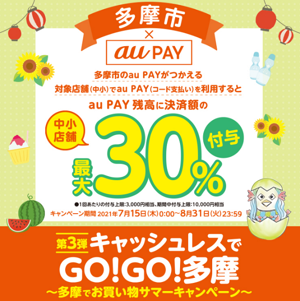 第3弾「キャッシュレスでGO!GO!多摩」多摩でお買い物　サマーキャンペーン(中小店舗)｜au PAY