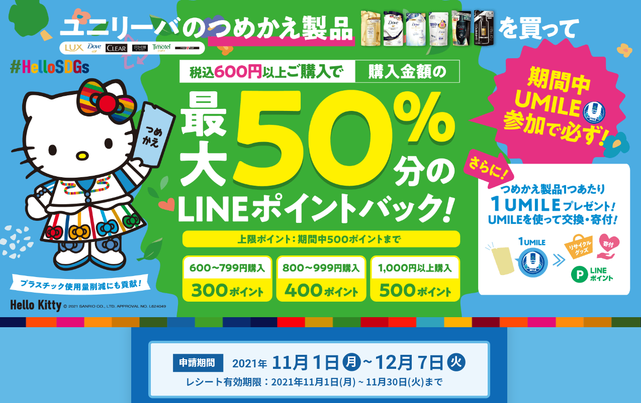 ユニリーバ つめかえ製品を買って最大50％分のLINEポイントバックキャンペーン！| お得にエコ活！UMILE(ユーマイル)プログラム UMILE(ユーマイル)でいろんなプレゼントがもらえる！
