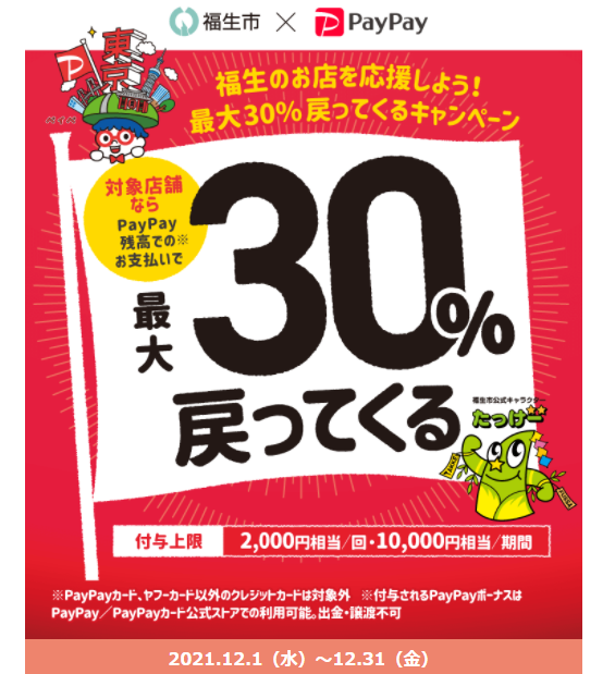 福生のお店を応援しよう！最大30％戻ってくるキャンペーン｜PayPay