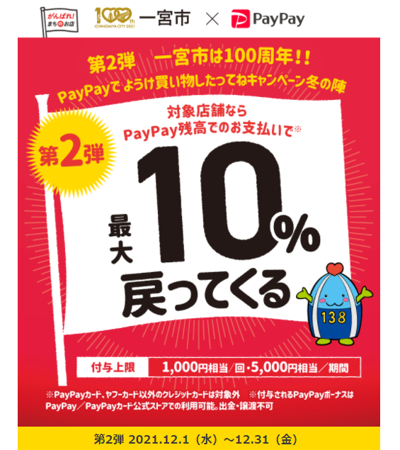 第2弾　一宮市は100周年！！PayPayでようけ買い物したってねキャンペーン冬の陣｜PayPay