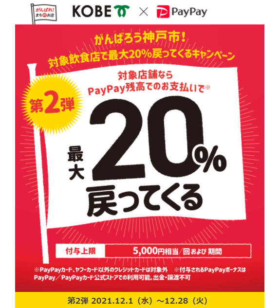 がんばろう神戸市！対象飲食店で最大20%戻ってくるキャンペーン（第2弾）｜PayPay