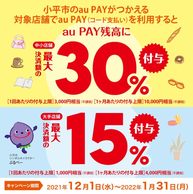 【小平市×au PAY】あなたの街のau PAYキャンペーン（中小店舗）｜au PAY