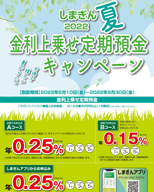 金利上乗せ定期預金しまぎん 2022夏キャンペーン
