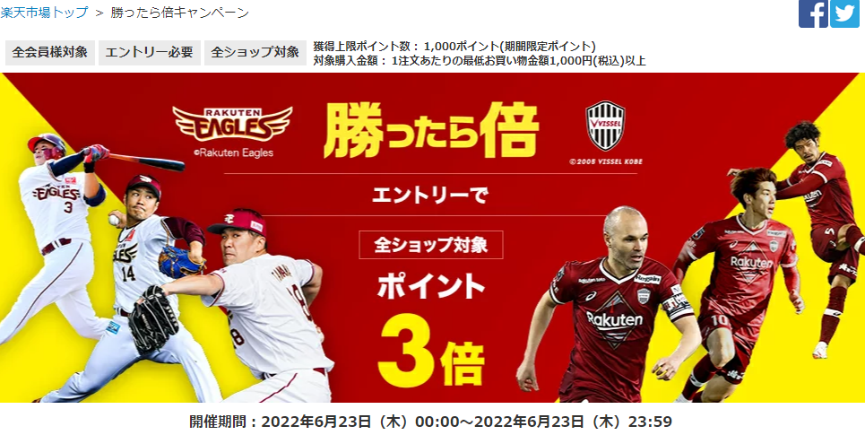 【楽天市場】勝ったら倍キャンペーン！楽天イーグルス・ヴィッセル神戸をみんなで応援しよう｜楽天市場