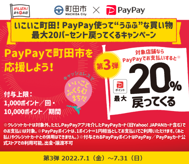 第3弾 いこいこ町田！PayPay使って“うふふ“な買い物 最大20パーセント戻ってくるキャンペーン| PayPay