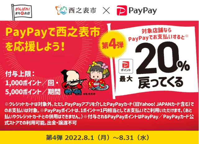 西之表市のお店応援！キャッシュレスで最大20％戻ってくるキャンペーン| PayPay