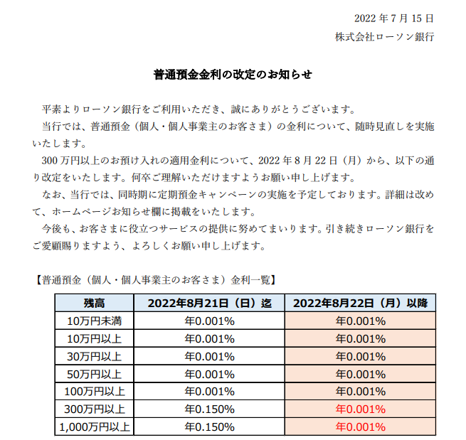 普通預金金利の改定のお知らせ｜ローソン銀行