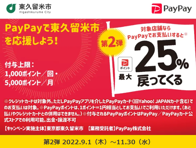 東久留米市でお買い物！キャッシュレスで最大25％戻ってくるキャンペーン！｜PayPay