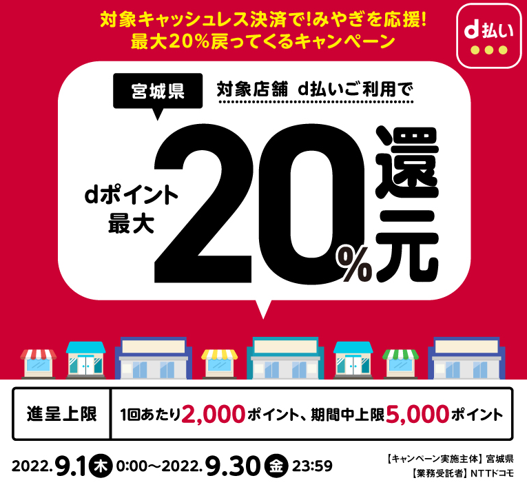 対象キャッシュレス決済で！みやぎを応援！最大20％戻ってくるキャンペーン | d払い