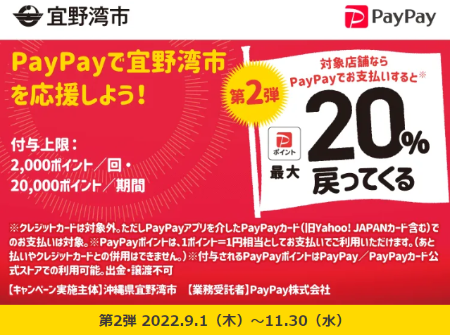 第2弾 宜野湾市でお買い物をしよう！最大20%戻ってくるキャンペーン！| PayPay