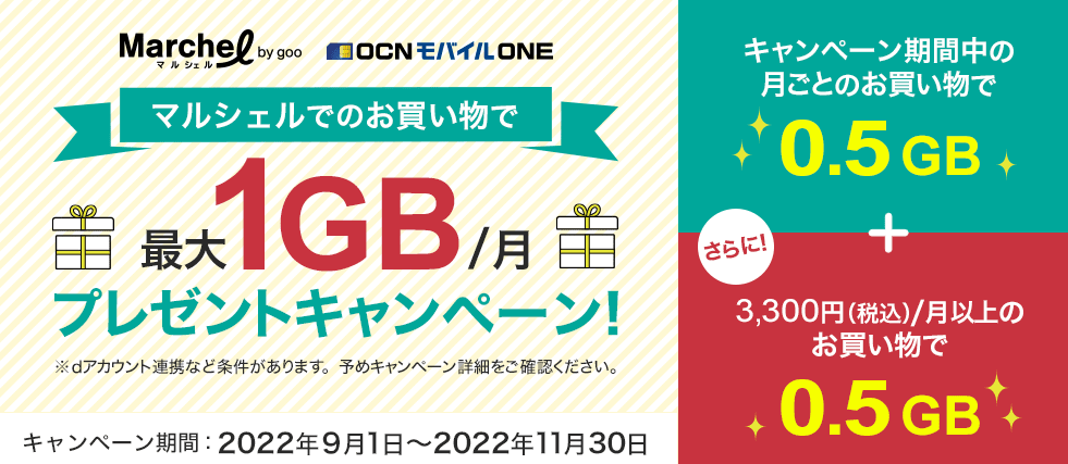 【OCN モバイル ONE × マルシェル by goo】マルシェルでのお買い物で最大1GBプレゼントキャンペーン