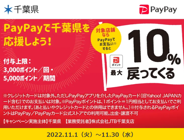 この秋、千葉がアツい！還元額40億円相当！！ キャッシュレス決済で最大10％戻ってくるキャンペーン｜PayPay