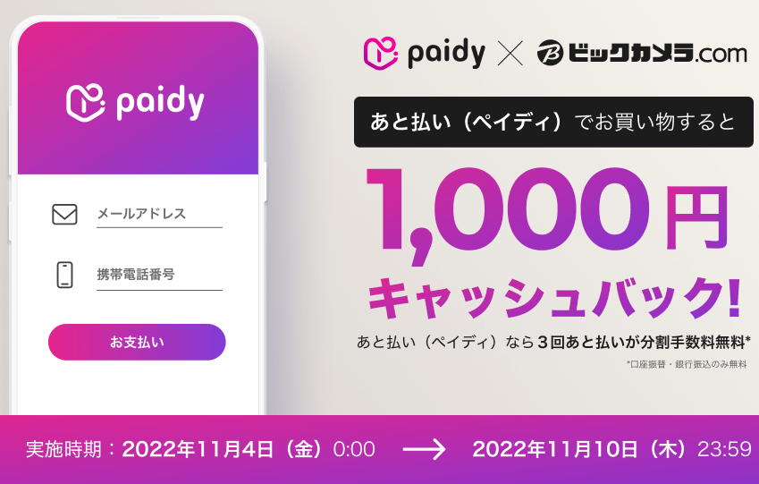 Biccamera 1,000円キャッシュバック｜Paidy