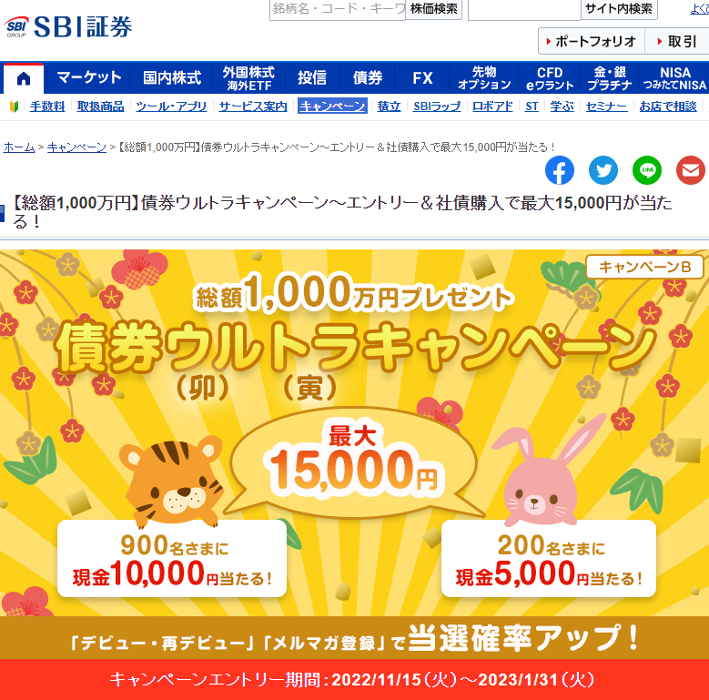 【総額1,000万円】債券ウルトラキャンペーン～エントリー＆社債購入で最大15,000円が当たる！｜SBI証券