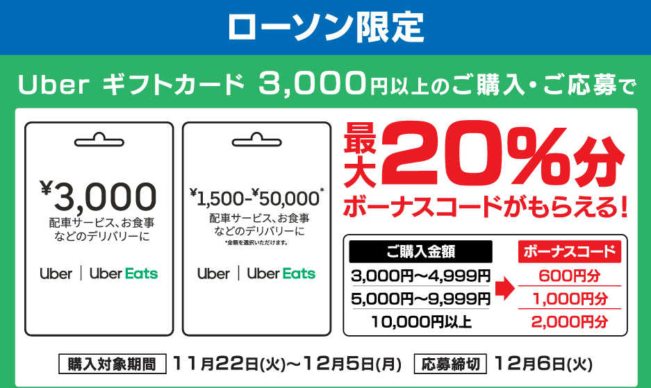 ローソン | Uber ギフトカードご購入で最大20%分のボーナスコードプレゼントキャンペーン