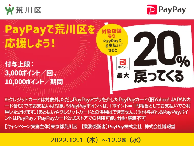 キャッシュレスで最大20％戻ってくる！荒川区のお店を応援キャンペーン！｜PayPay