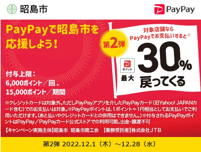 昭島でお買い物！最大30％戻ってくるキャンペーン｜PayPay