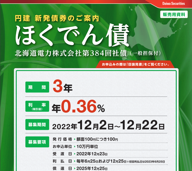 北海道電力株式会社第384回社債（ほくでん債）｜大和証券