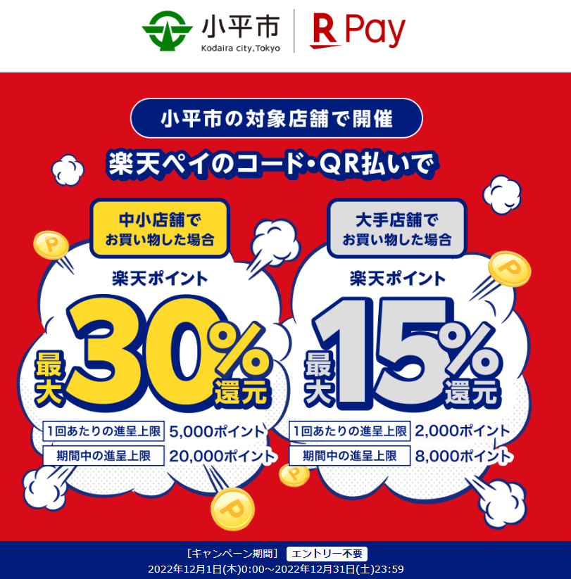 こだいらでお買い物！キャッシュレス決済還元キャンペーン｜楽天ペイ