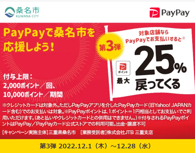 がんばれ桑名！対象のお店で最大25％戻ってくるキャンペーン　第3弾｜PayPay