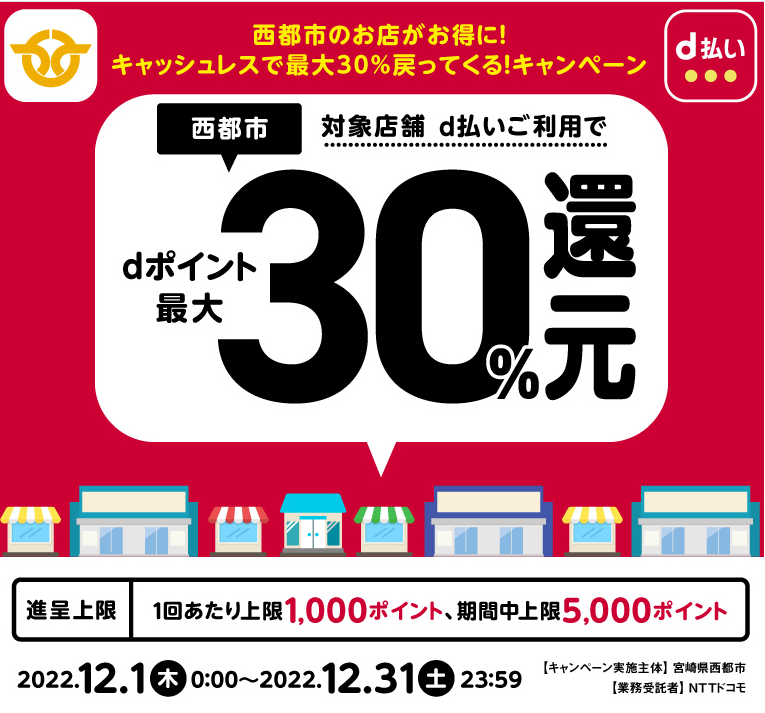 西都市のお店がお得に！キャッシュレスで最大30％戻ってくる！キャンペーン| d払い