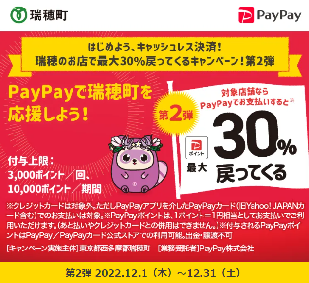 はじめよう、キャッシュレス決済！瑞穂のお店で最大30%戻ってくるキャンペーン！第2弾｜PayPay