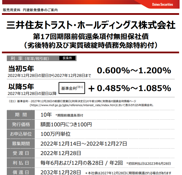三井住友トラスト・ホールディングス株式会社第17回期限前償還条項付無担保社債 | 大和証券