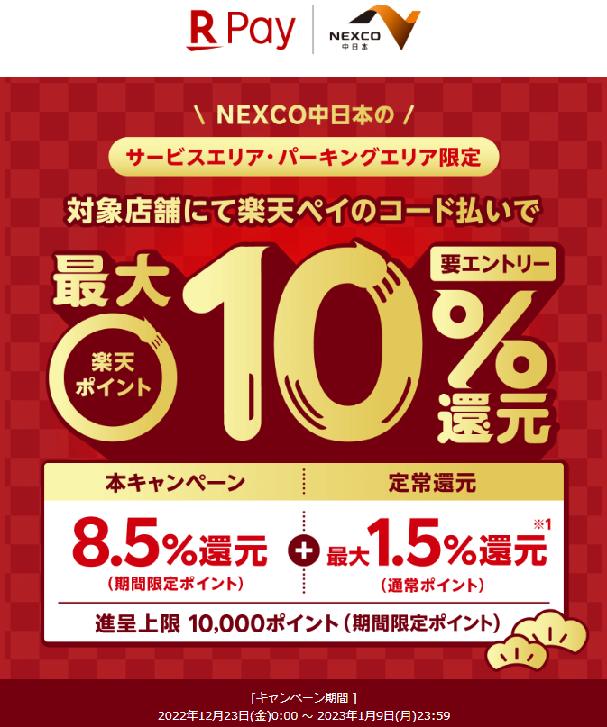 NEXCO中日本でのお買い物で最大10％還元キャンペーン！- 楽天ペイアプリ