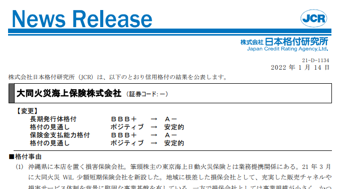 【大同火災海上保険】格上げ：BBB+／ポジティブ→A-／安定的