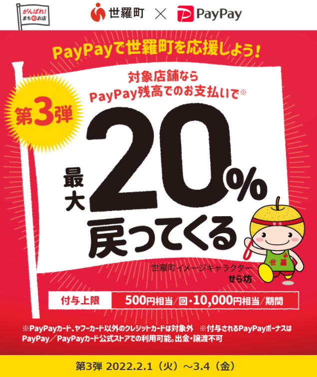 第3弾がんばろう世羅町！キャッシュレスで！最大20％戻ってくるキャンペーン！| PayPay