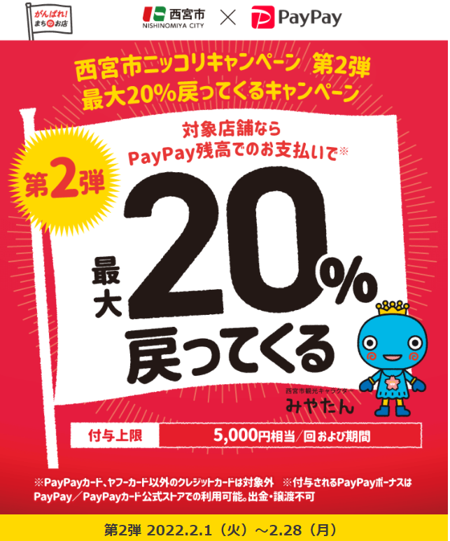 西宮市ニッコリキャンペーン 第2弾 最大20%戻ってくるキャンペーン | PayPay