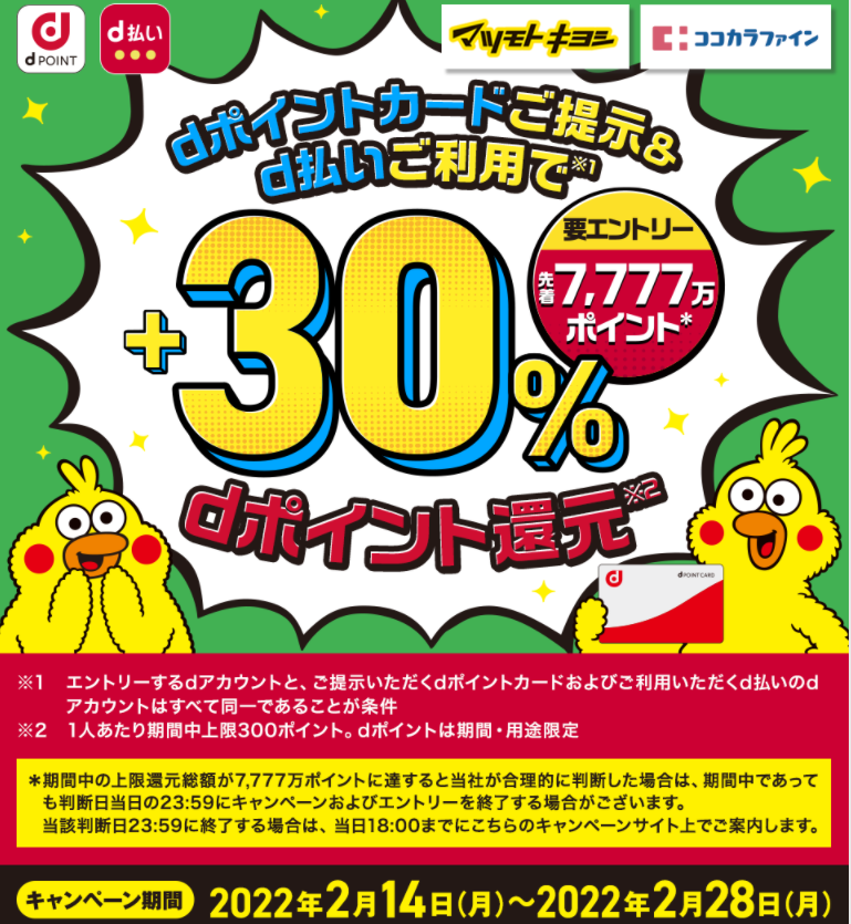先着7,777万ポイント！マツモトキヨシ・ココカラファインでdポイント ＋30％還元 キャンペーン