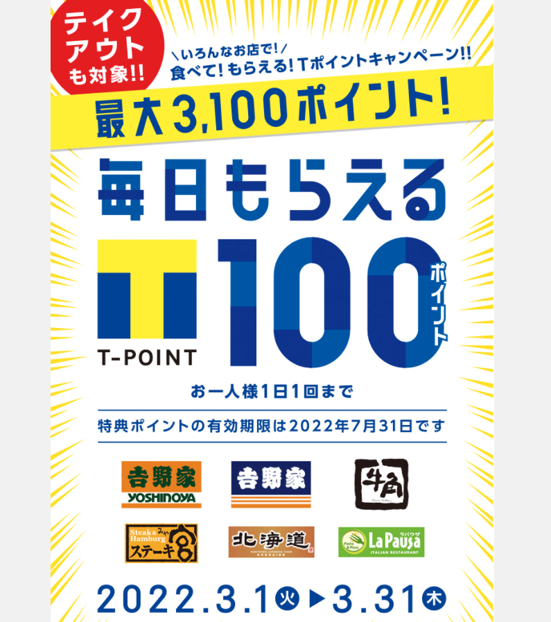 いろんなお店で！食べて！もらえる！Tポイントキャンペーン｜Tサイト［Tポイント/Tカード］