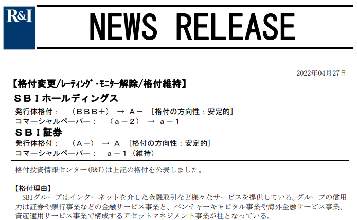 【格付変更】ＳＢＩ証券　発行体格付： （Ａ－） → Ａ [格付の方向性：安定的] 