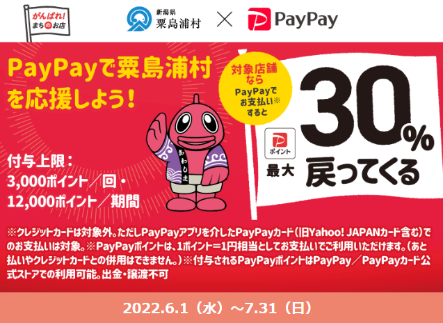 【粟島しおかぜトリップ】キャッシュレス決済で、最大30％戻ってくるキャンペ－ン| PayPay