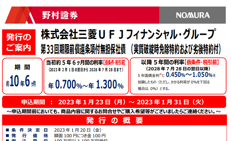 株式会社三菱ＵＦＪフィナンシャル・グループ 第33回期限前償還条項付無担保社債