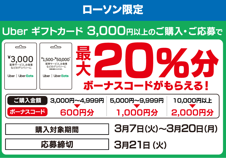 ローソン | Uber ギフトカードご購入で最大20%分のボーナスコードプレゼントキャンペーン