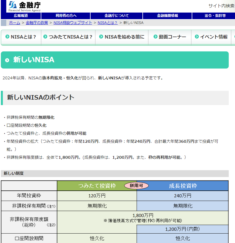新しいNISA ： 金融庁