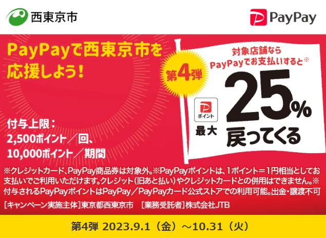 西東京市を応援キャンペーン！キャッシュレスで最大25％戻ってくる！｜PayPay