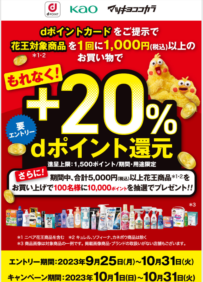 【dポイントクラブ】マツモトキヨシ・ココカラファイン 花王対象商品でもれなく＋20％dポイント還元 キャンペーン