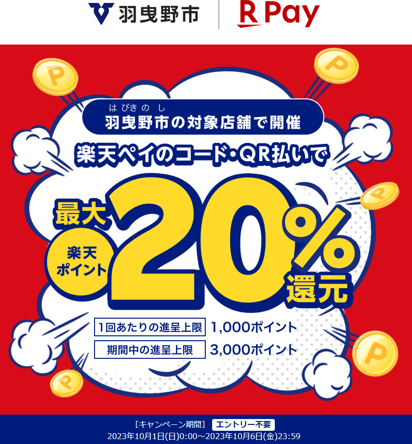 羽曳野市地域応援キャッシュレス決済ポイント還元キャンペーン｜楽天ペイ