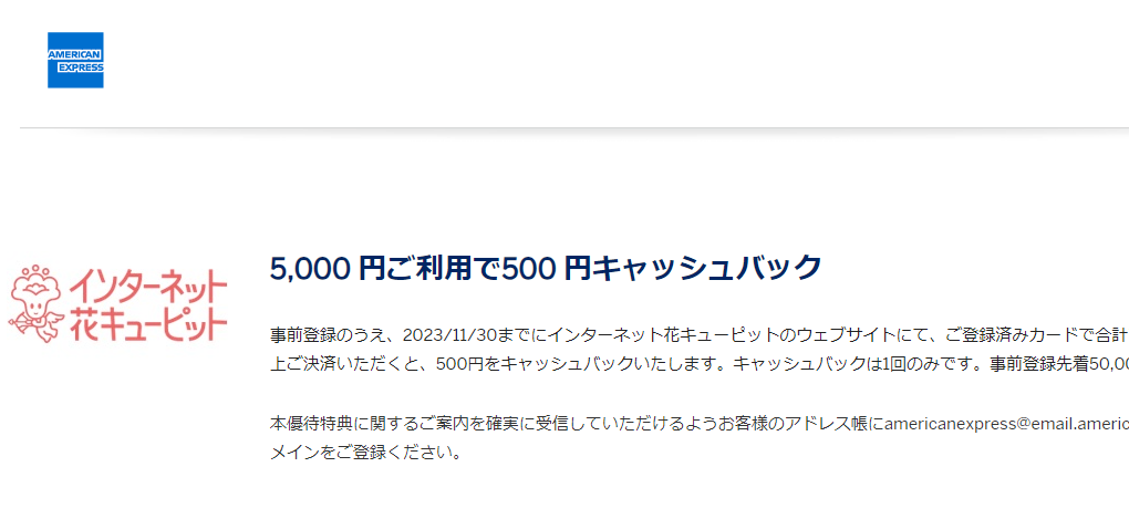 インターネット花キューピット 500円キャッシュバック｜アメリカン・エキスプレス・カード