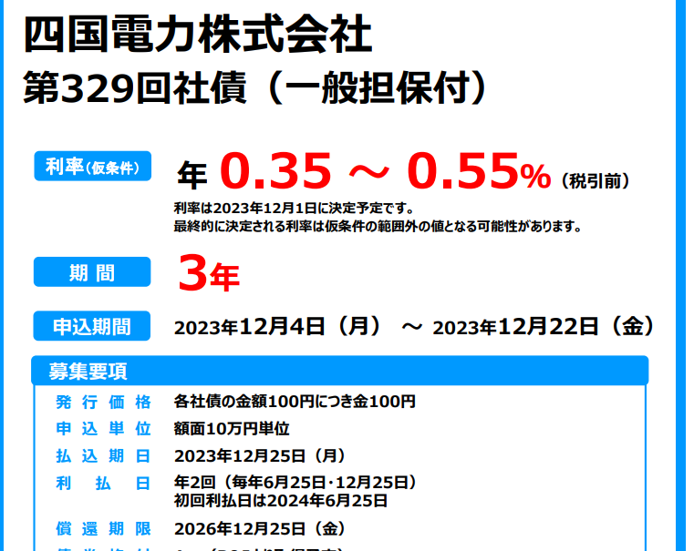 四国電力株式会社第329回社債（一般担保付） | 大和証券