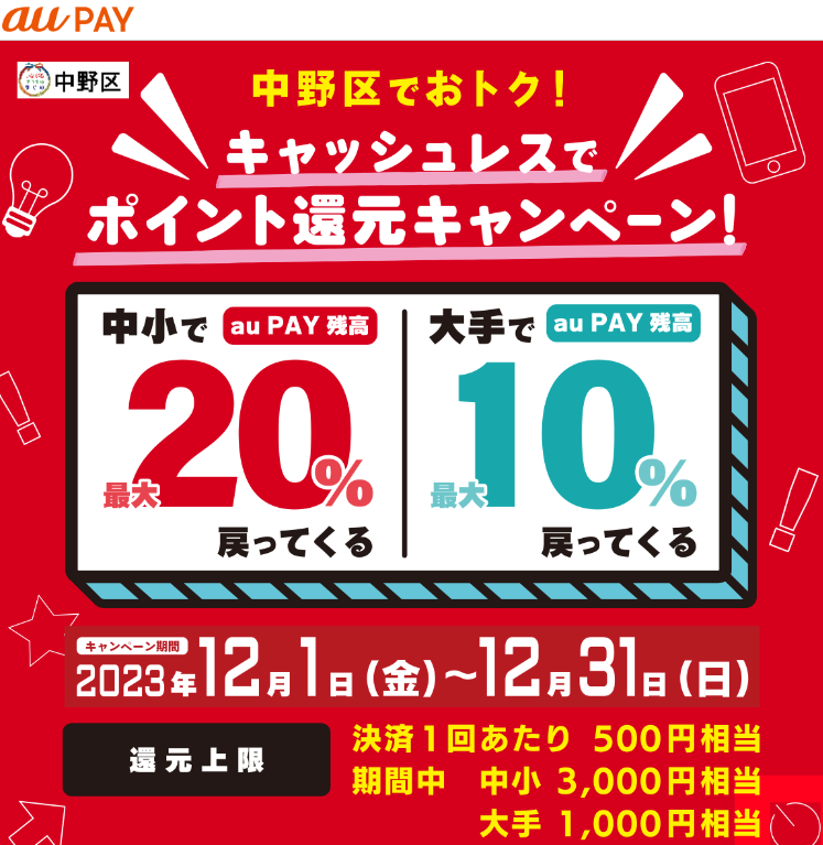 中野区でおトク！キャッシュレスでポイント還元キャンペーン！｜au PAY