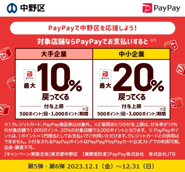 中野区でおトク！キャッシュレスでポイント還元キャンペーン！｜PayPay