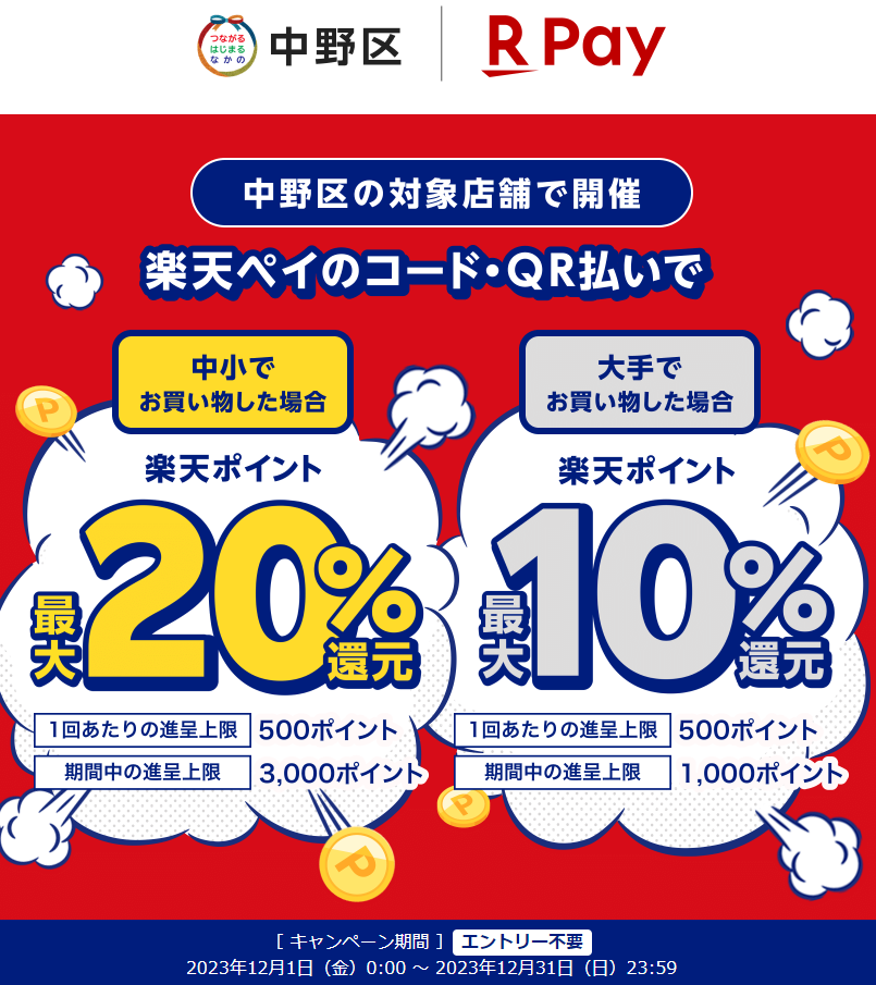 中野区でおトク！キャッシュレスでポイント還元キャンペーン！｜楽天ペイ