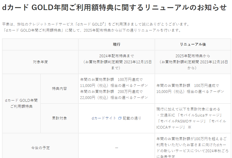 dカード | dカード GOLD年間ご利用額特典に関するリニューアルのお知らせ